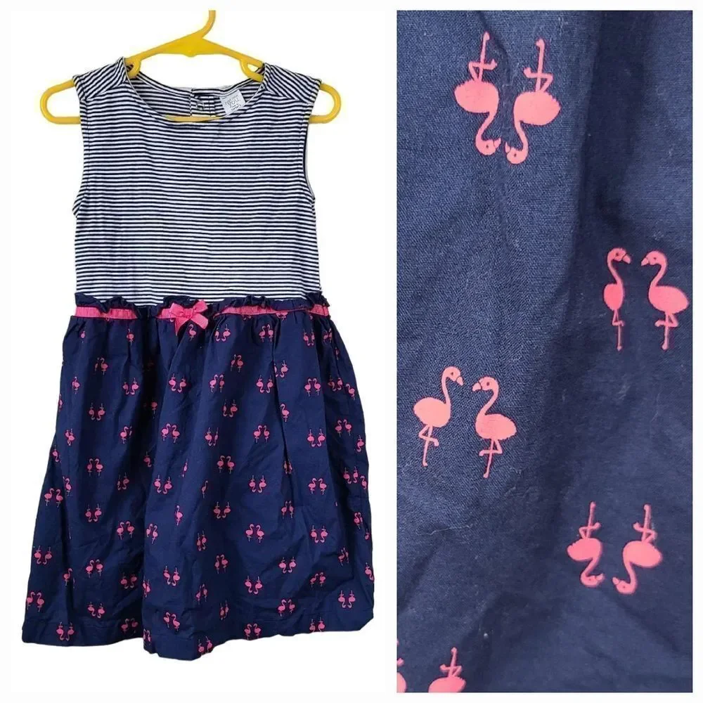 Carter's Toddler Girls Navy Blue Nautical Stripe Pink Flamingo Dress Size 4T